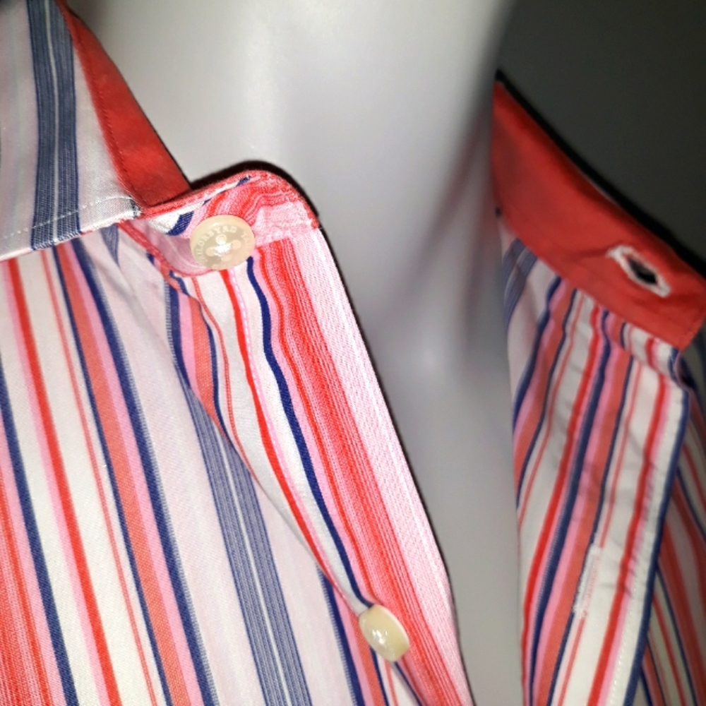 Tailorbyrd mens vibrant pink and blue vertical large striped cotton shirt